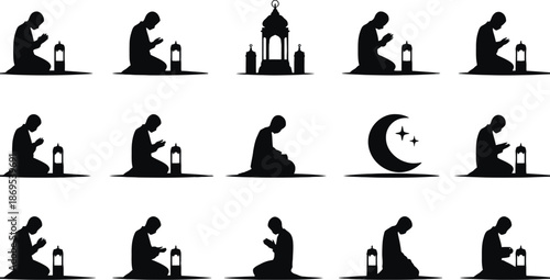 Islamic icon grid with praying figures, lanterns, mosque, crescent moon, and stars in silhouette style