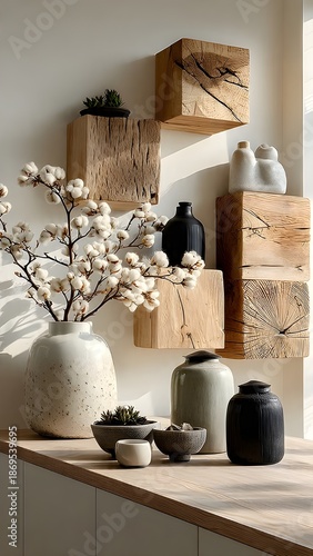 Rustic Wooden Console Cabinet with Floating Shelves and Lush Houseplants – Modern Boho Interior