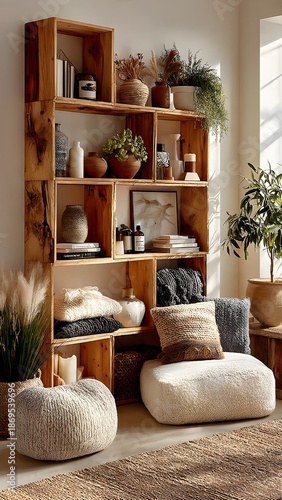 Rustic Wooden Console Cabinet with Floating Shelves and Lush Houseplants – Modern Boho Interior