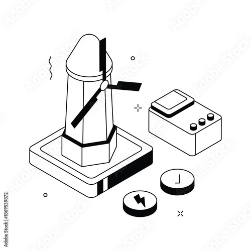 A clean isometric illustration depicting windmill for sustainable power generation