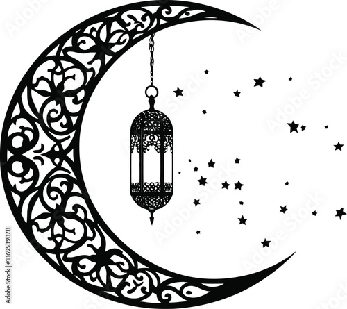 Ornate crescent moon with hanging lantern and stars in Islamic decorative style for Ramadan and spiritual themes