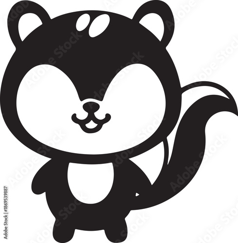 Cute cartoon skunk character standing waving tail with happy face isolated on white