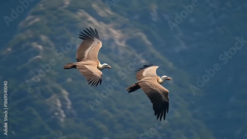 Two vultures flying over rugged mountain landscape with rocky cliffs