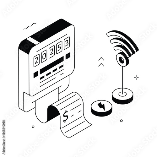 A professional isometric illustration showing electricity meter bill and usage