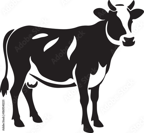 Illustration of a standing dairy cow with distinctive black and white patterns and horns, full body view