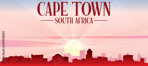 Blue panoramic poster of the city skyline with misty background buildings and clouds of CAPE TOWN, SOUTH AFRICA