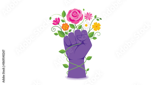 Purple Fist Symbolizing Strength and Growth with Flowers, Generative AI.