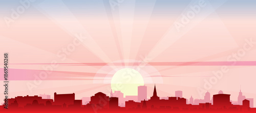 Red panoramic poster of the city skyline with misty background buildings, sunrise, moon and clouds of PRAGUE, CZECH REPUBLIC