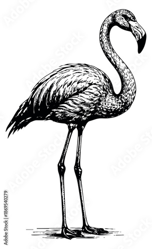 Hand drawn line art illustration of a flamingo depicting an elegant stance for tropical designs