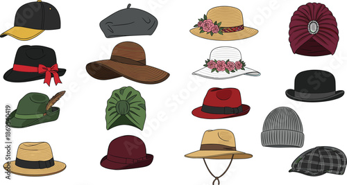 Various Hats and Caps in Different Styles and Colors baseball cap bowler hat fedora