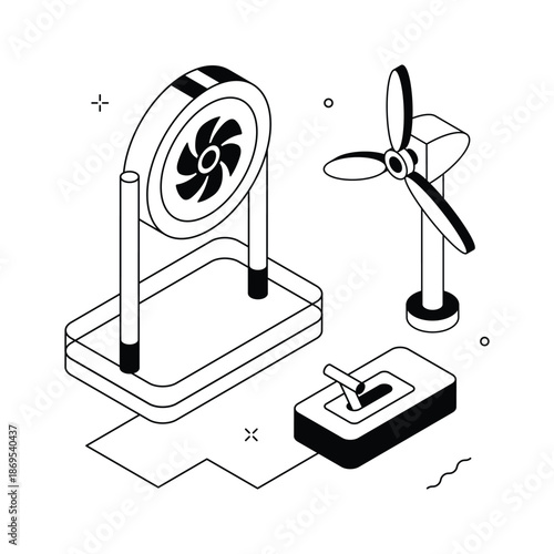 An isometric illustration of water turbine for hydropower generation