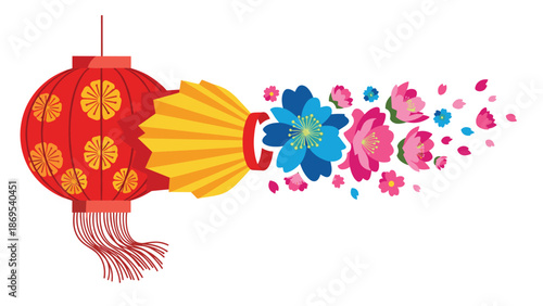 Red Chinese Lantern Releasing Colorful Flowers and Petals, Generative AI.