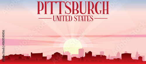Blue panoramic poster of the city skyline with misty background buildings and clouds of PITTSBURGH, UNITED STATES