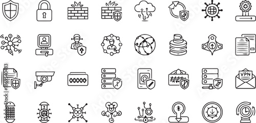 Cyber Security and Data Protection Icon Set with Network Safety Symbols