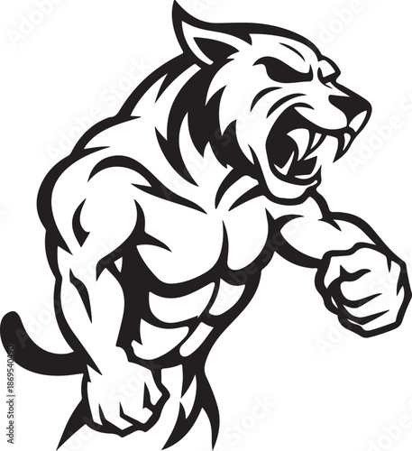 Muscular panther mascot roaring, aggressive big cat, powerful feline, tribal tattoo style