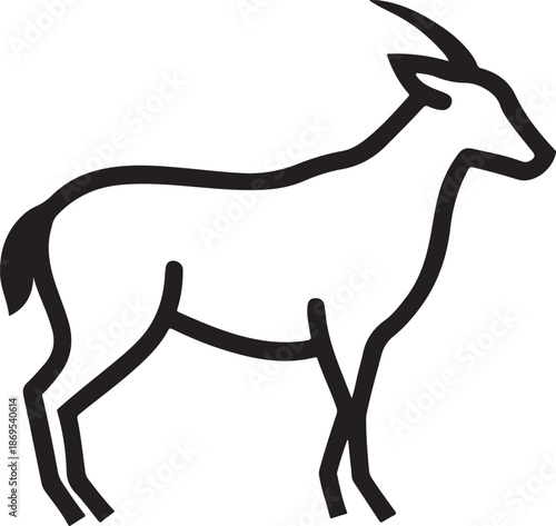Minimalist outline drawing black vector of standing gazelle or antelope on transparent background