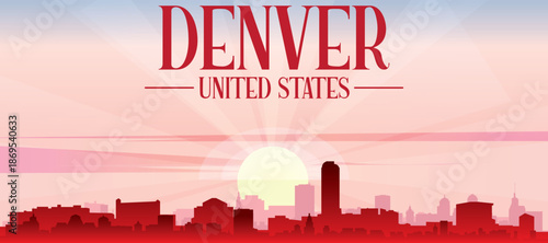 Blue panoramic poster of the city skyline with misty background buildings and clouds of DENVER, UNITED STATES