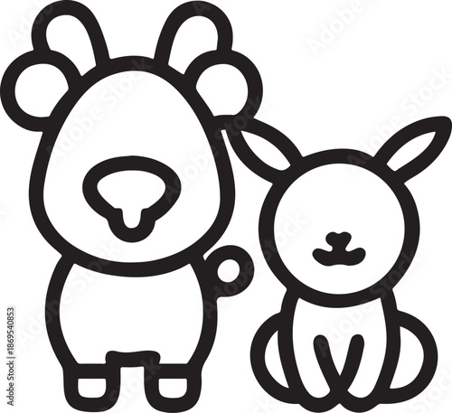 Two friendly cartoon animals side by side a bear and a rabbit outline design