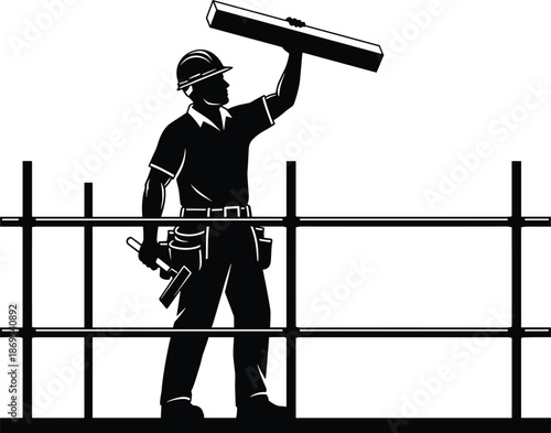 Construction worker silhouette wearing hard hat and tool belt, building wooden structure on scaffolding, professional carpenter holding hammer and timber plank, industrial site labor.