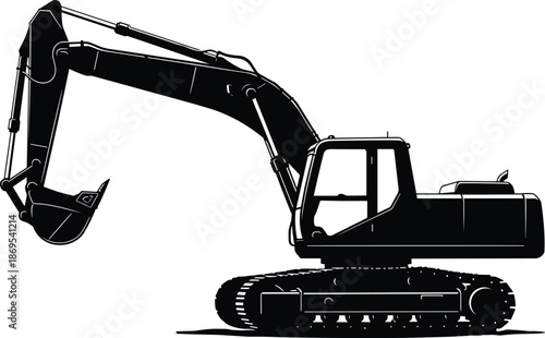 Detailed black and white vector silhouette of a hydraulic crawler excavator with bucket, heavy construction machinery for earthmoving, industrial equipment icon on white.