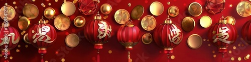 Festive Red Lanterns with Gold Coins for Chinese New Year Celebration