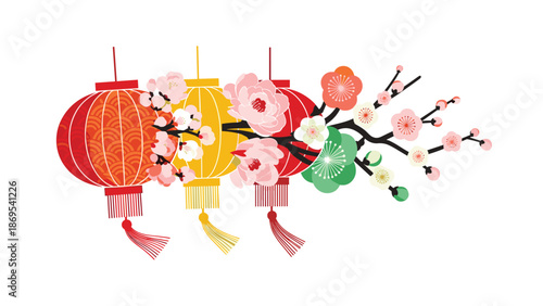 Traditional Chinese Lanterns with Blooming Cherry Blossoms, Generative AI.