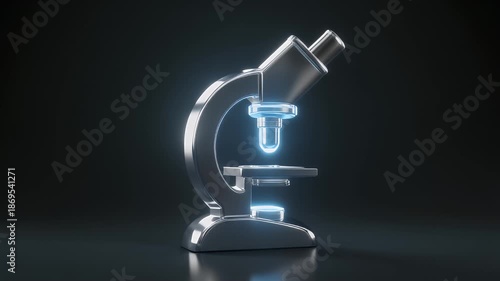 A high-tech microscope with a glowing blue light, symbolizing innovation and scientific discovery in a dark background