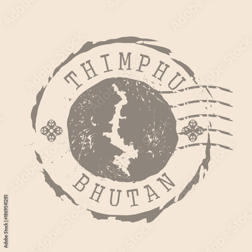 Stamp Postal Thimphu is capital of Bhutan. Map Silhouette rubber Seal.  Design Retro Travel. Seal of Map Thimphu grunge  for your design.  EPS10