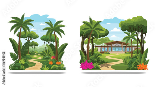 Tropical resort with lush vegetation and palm trees, Generative AI.
