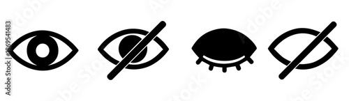 Minimalist Black Eye Icons.Flat Vector Set for Open, Closed, Slashed, and Hidden View States in UI Design