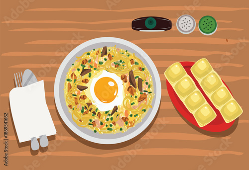Flat lay style of Batchoy or batsoy is a popular noodle soup that originated from La Paz Iloilo in the Philippines.  Usually eaten with FIlipino Pan de Siosa or pandesiosa bread. Editable Clip Art. 