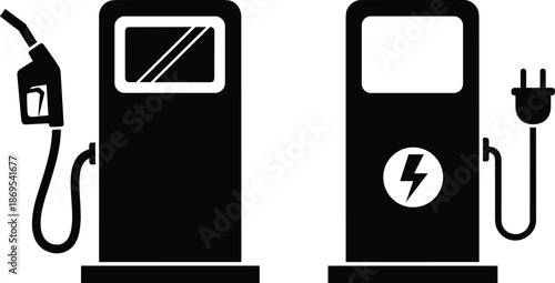 Gas station and electric vehicle charging station icons, petrol pump and EV charger symbols, fuel energy power silhouettes isolated on white background,