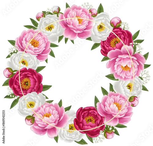 Peony wreath png Floral arrangement cutout Flower circle png Blossom garland cutout Pink petals png Red blooms cutout White flowers png Botanical