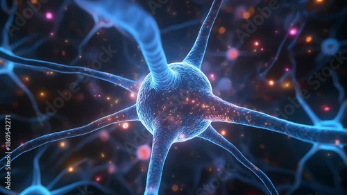 Close-up of a blue neuron with glowing connections, illustrating the intricate network of the human brain and its neural pathways