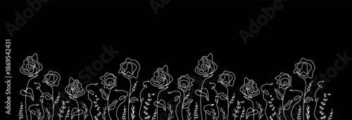 bacground of abstract leaves,  flowers. isolated roses on a black background. hand-drawn illustration in doodle style. the art of one line. for print, banners, postcards, holiday ideas. art vector 