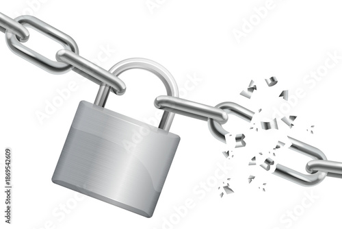 Silver metal padlock and chain link shattering and breaking apart, concept of freedom and liberation 3D illustration isolated