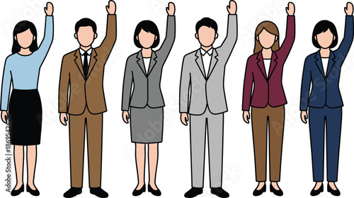 Diverse business team illustration, men and women raising hands, corporate employees standing together, teamwork concept, leadership, unity, success, office workforce, flat vector style