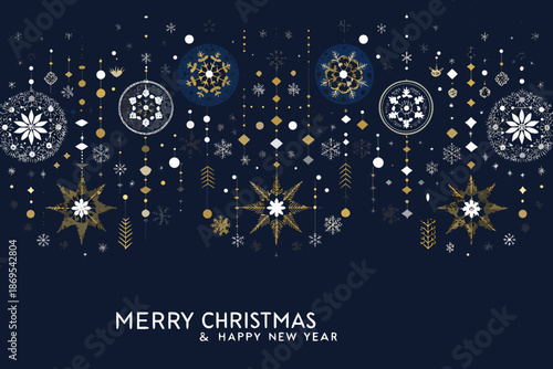Festive winter background with golden snowflakes and a merry christmas greeting