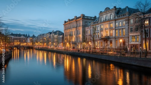 Historic canal and buildings with warm lights reflecting on water at dusk. European city architecture and water for travel and tourism