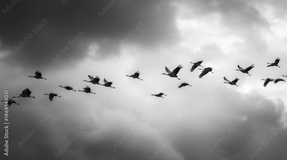 Fototapeta premium Flock of cranes flying in V-formation against a cloudy black and white sky, symbolizing migration and natural beauty and freedom, suitable for travel or nature concept.