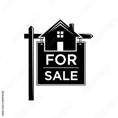 Black and white graphic illustration of a classic real estate 'for sale' sign with a house silhouette on a wooden post against a white background representing property