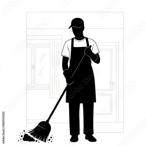Silhouette of a person wearing an apron and cap holding a broom and sweeping dust and debris on a floor in front of a doorway and window with cleaning