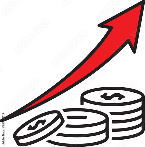 A bold red arrow curves sharply upward from a scattered stack of dollar coins, illustrating aggressive financial growth, rising inflation, or high-yield investment returns.
