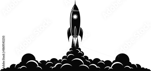 Retro rocket launch vector illustration with smoke clouds, vintage spacecraft takeoff icon, blast off space mission symbol, isolated black silhouette on white background