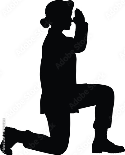 Silhouette of a female soldier kneeling in uniform and saluting, honoring veterans, military service woman paying respects, patriotic army veteran tribute illustration