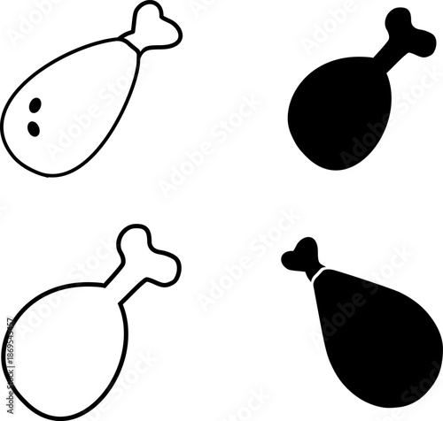 Chicken Leg Icon Set - Fried Poultry Drumstick Silhouette and Outline Graphics