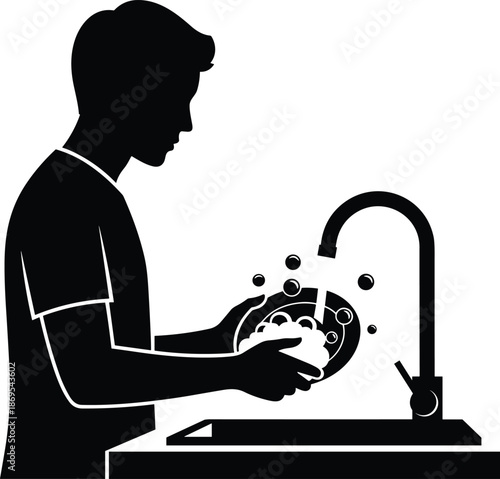 Silhouette of a young man washing dishes by hand in a kitchen sink with soap bubbles, domestic housework chores and home cleaning vector