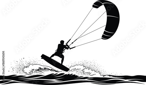 Silhouette of a kite surfer jumping over ocean waves, professional kitesurfing vector illustration, extreme water sports action, isolated black and white graphic.