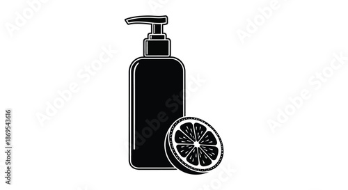 A black pump bottle with a citrus fruit striking visual silhouette