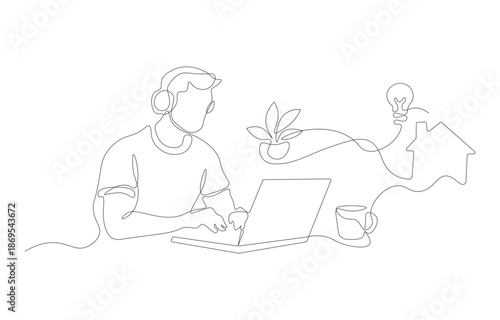 Freelancer Working Remotely – Minimalist One Line Illustration for Marketing, Presentation, and Website Banner